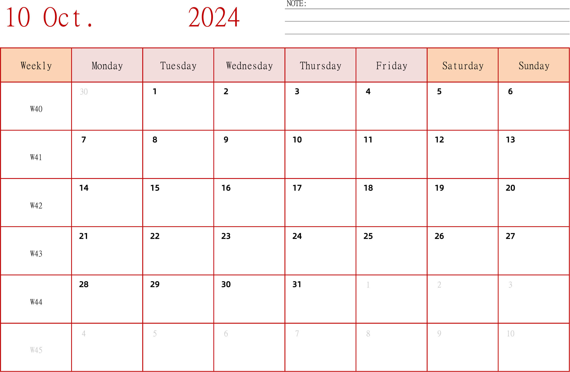 日历表2024年日历 英文版 横向排版 周一开始 带周数